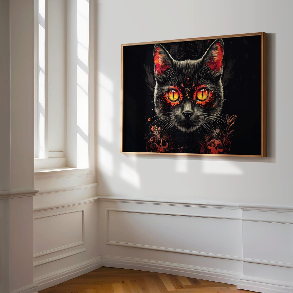 Gothic Black Cat Fiery Orange Eyes Red Skull Dark Mystical Wall Art - Image 3