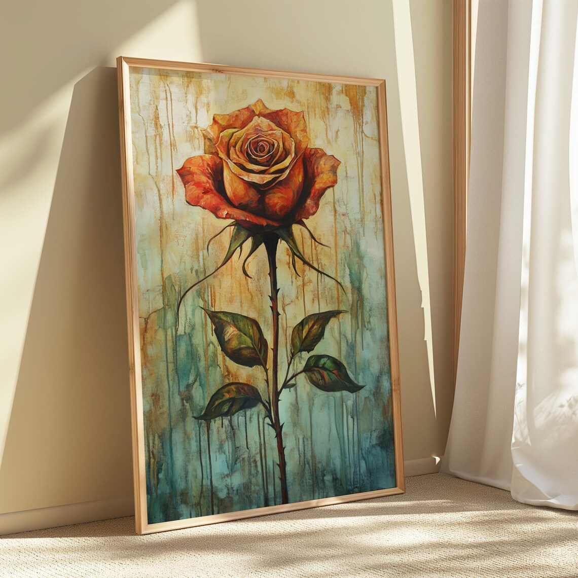 Rust Orange Rose Distressed Teal Beige Vintage Floral Poster - Image 5