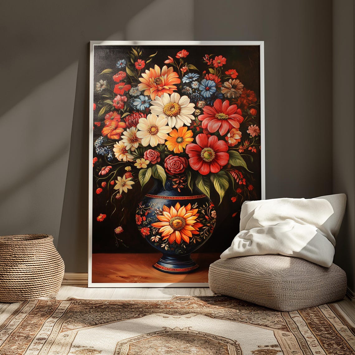Dense Mixed Garden Bouquet Red Yellow Daisies Dark Blue Vase Poster - Image 4