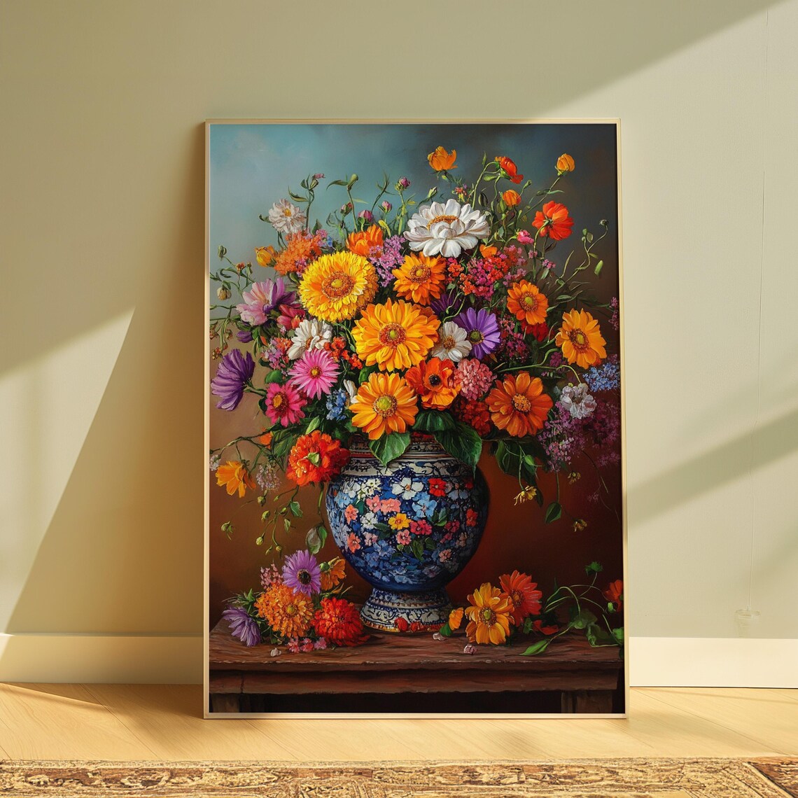 Airy Wildflower Bouquet Blue Floral Vase Ledge Fresh Garden Poster
