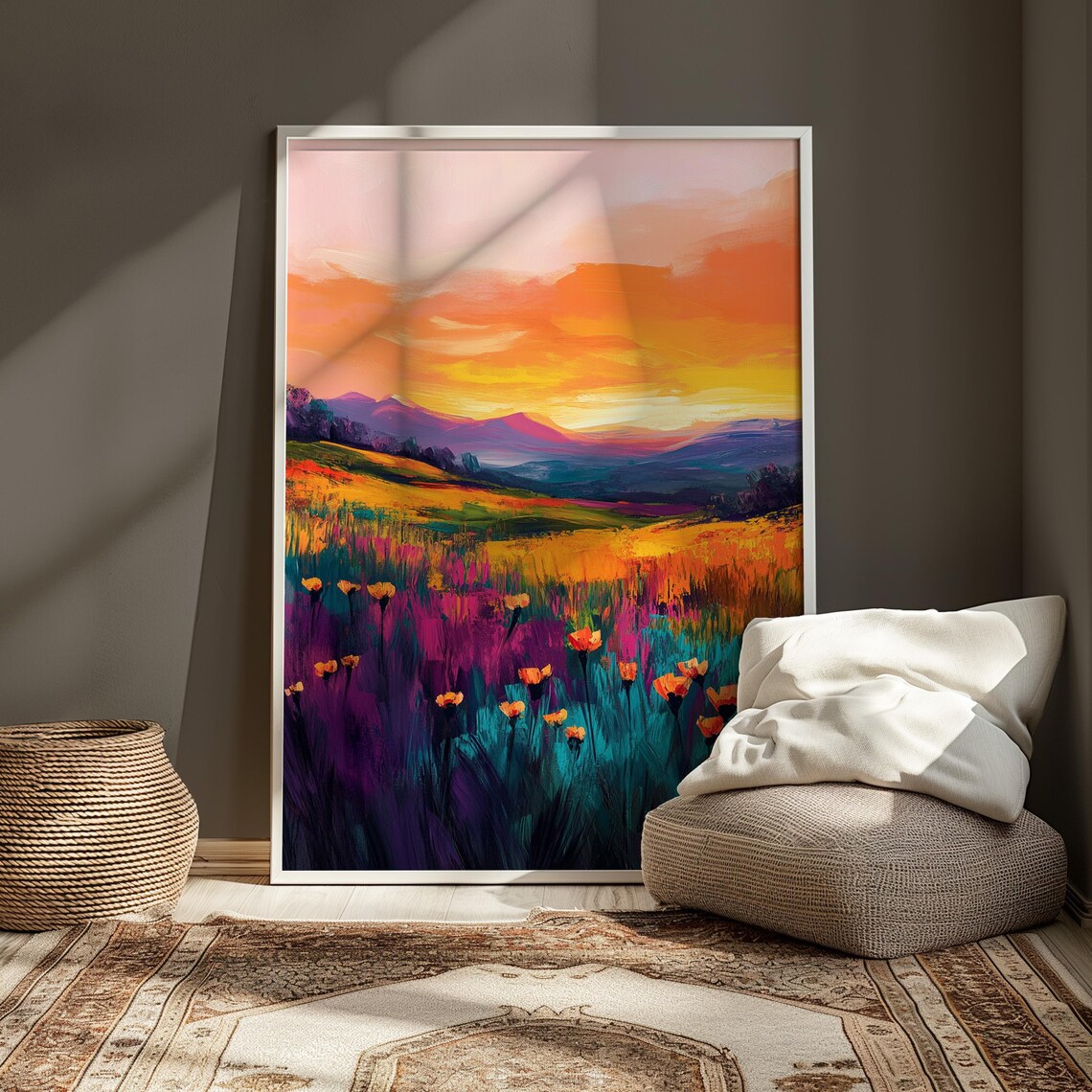 Wildflower Field Vivid Orange Sunset Purple Grasses Art Print - Image 3