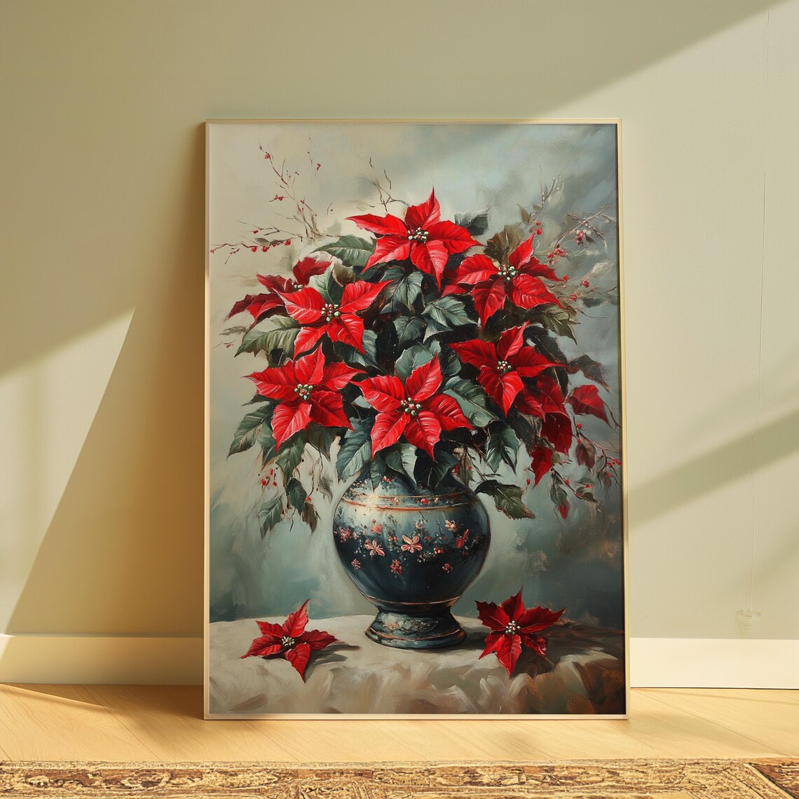 Red Poinsettia Dark Blue Floral Vase Soft Christmas Still Life Poster