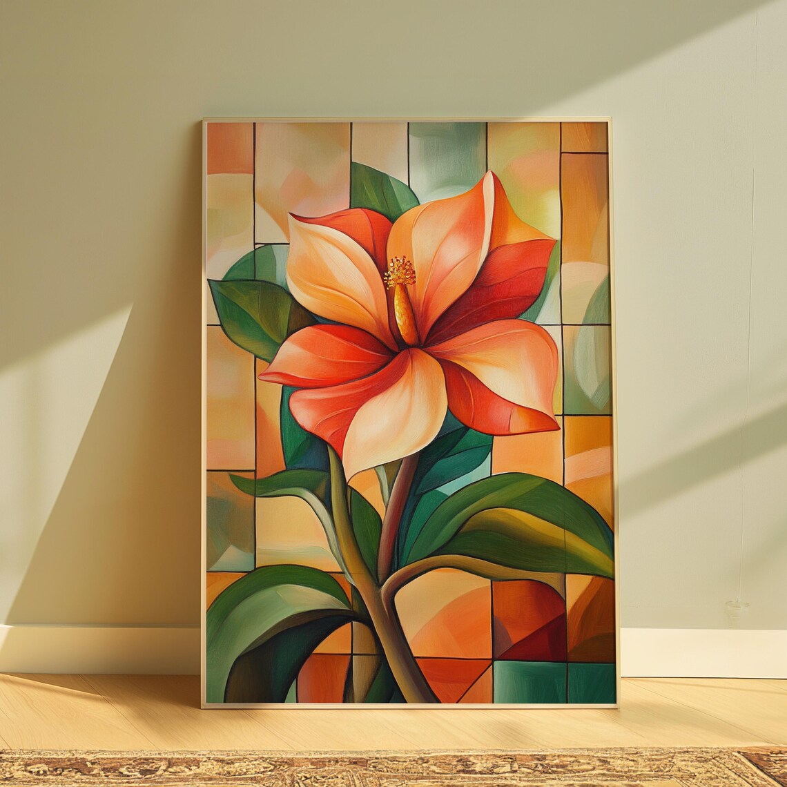 Coral Hibiscus Bloom Stained Glass Grid Orange Floral Poster