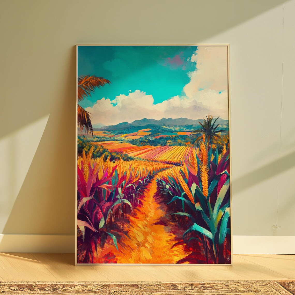 Tropical Valley Cornfield Palms Mountains Colorful Landscape Art Poster