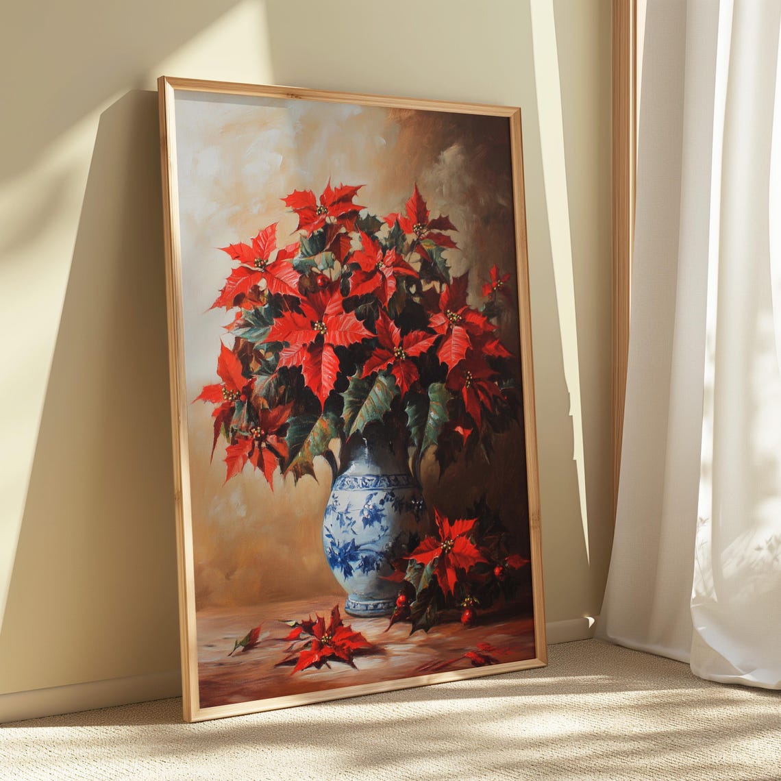 Red Poinsettia Blue Porcelain Vase Classic Christmas Still Life Poster - Image 5