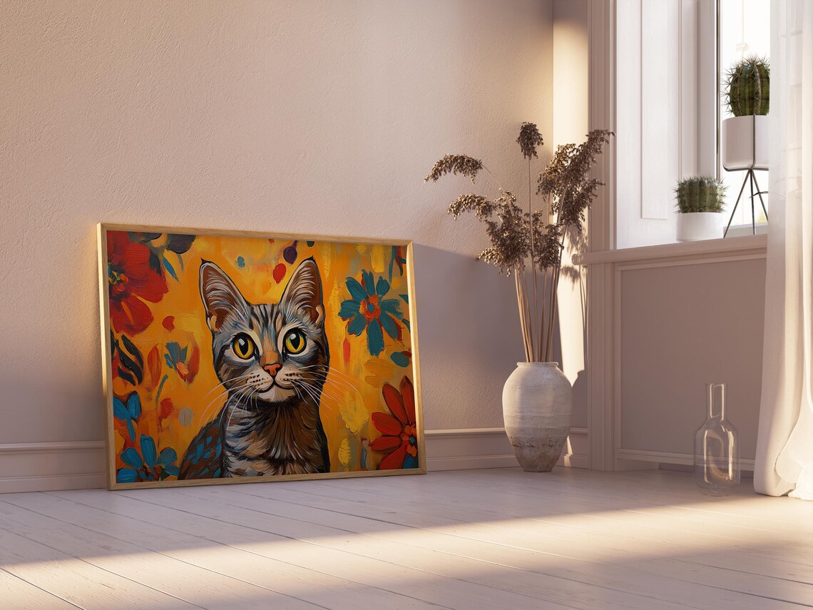 Tabby Cat Portrait Golden Yellow Background Red Blue Flowers Poster - Image 2