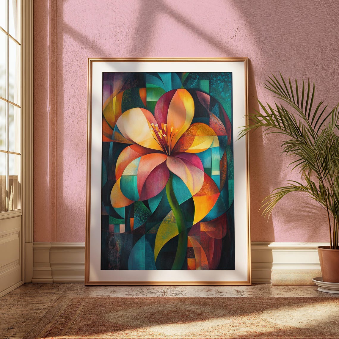 Pink Orange Lily Cubist Teal Green Abstract Floral Garden Poster - Image 2