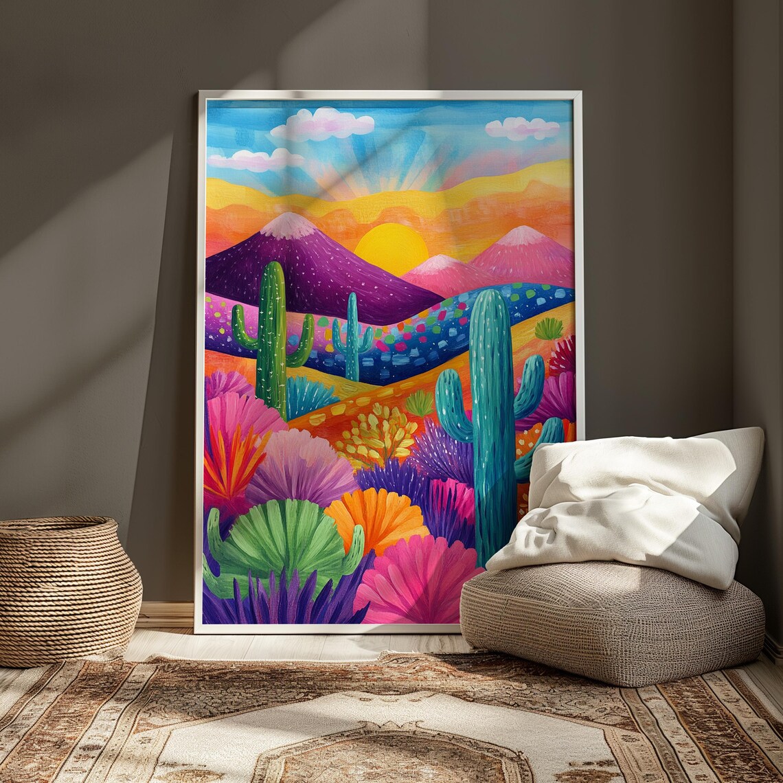 Naive Desert Cacti Pink Mountain Peaks Golden Sun Playful Folk Art Poster - Image 3