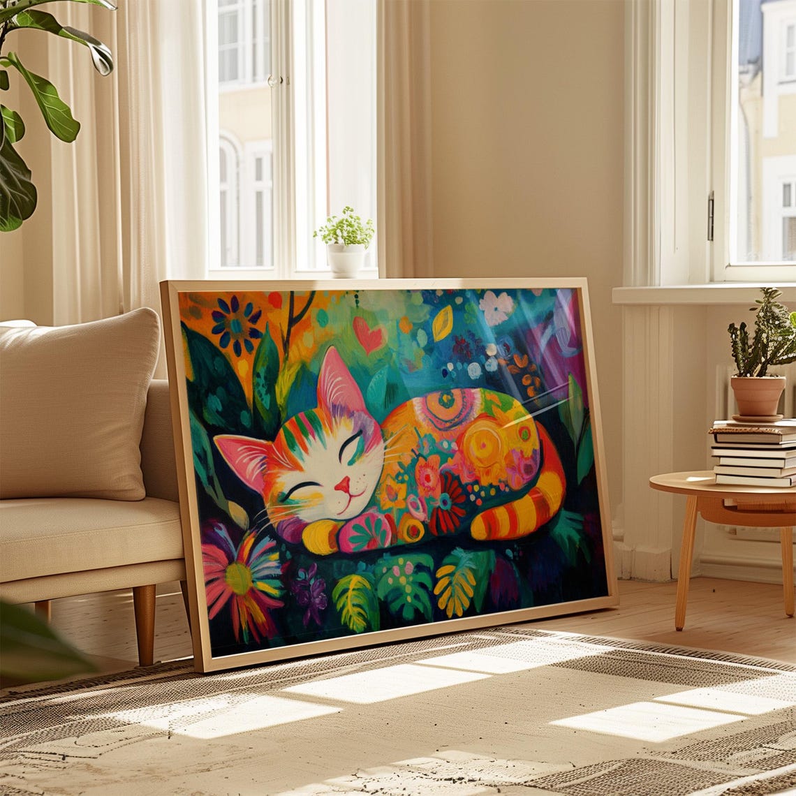 Sleeping Rainbow Cat Curled Up Tropical Floral Night Garden Poster - Image 4