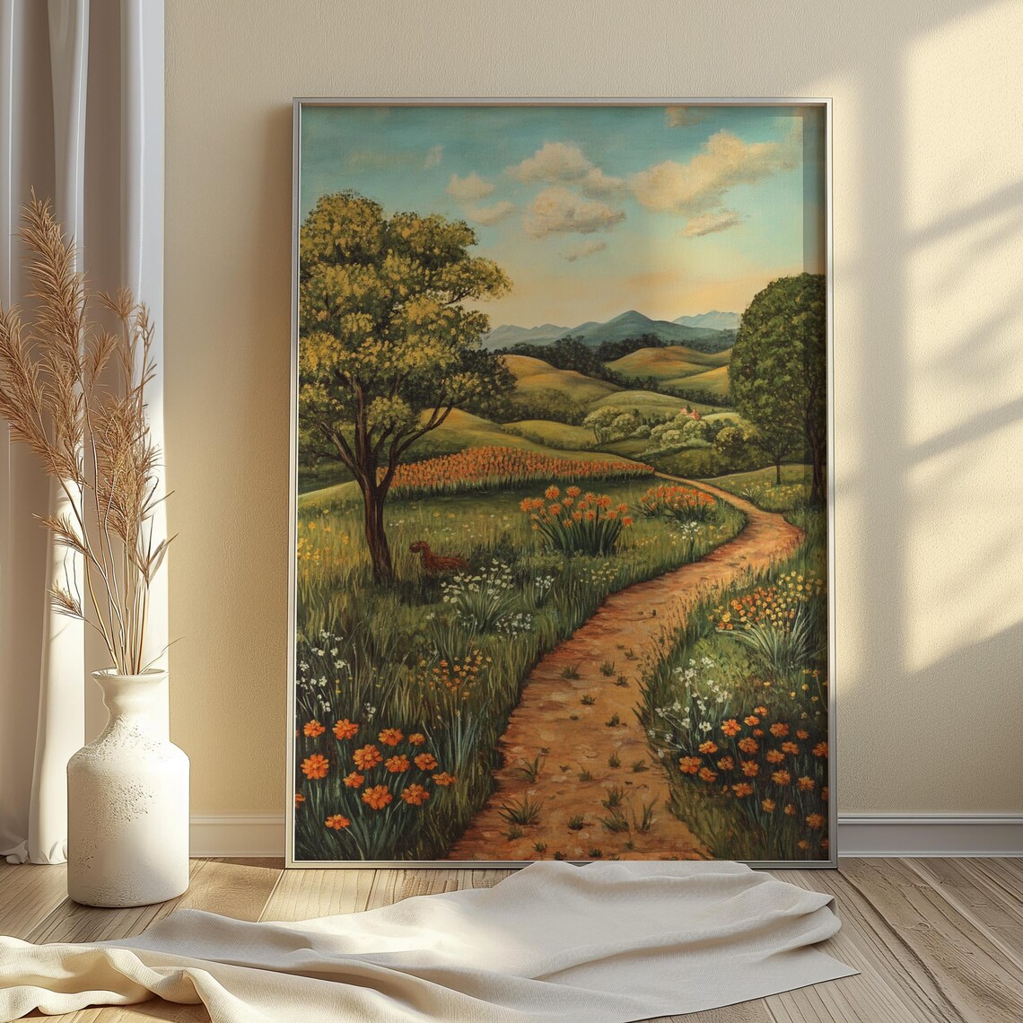 Winding Dirt Path Through Marigold Fields Mexican Countryside Art Poster - Image 2