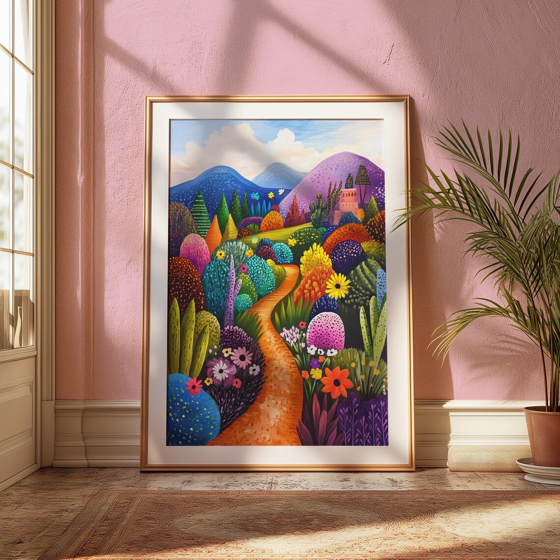 Colorful Folk Art Cactus Garden Path Pink Church Whimsical Print - Image 2