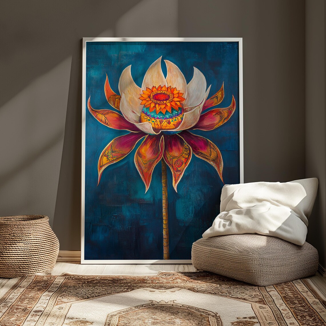 Elegant White Magenta Lotus Sun Center Deep Teal Floral Art Poster - Image 3