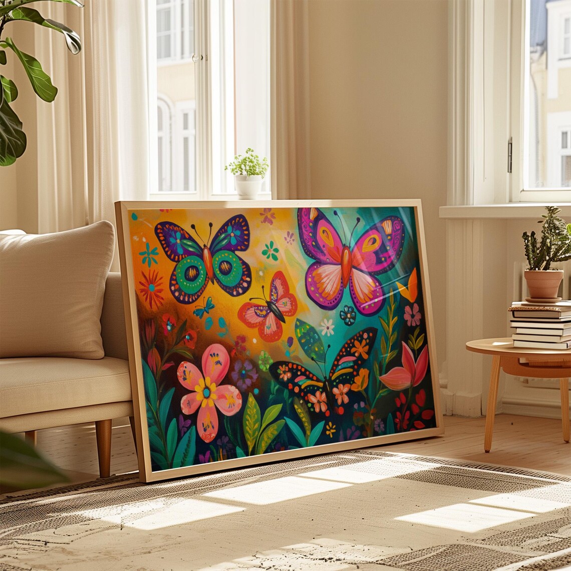 Five Bright Butterflies Among Tropical Flowers Dark Garden Poster - Image 4
