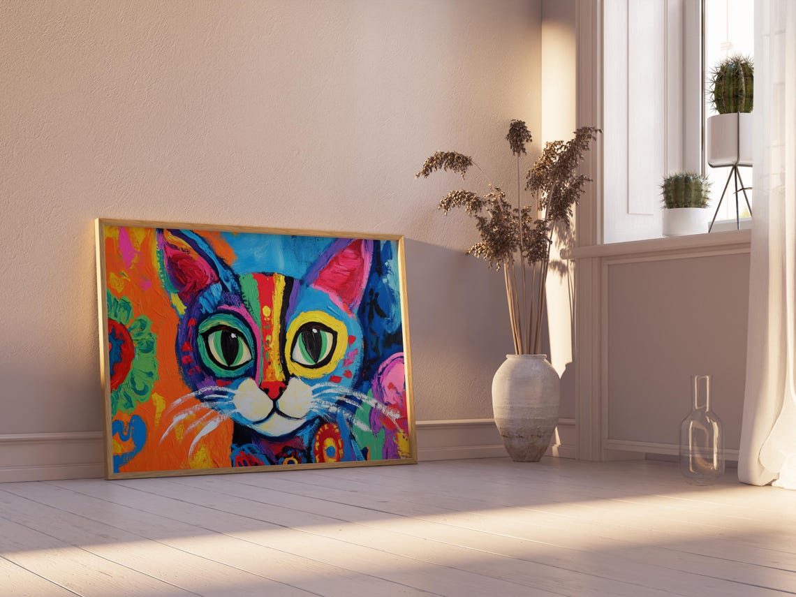 Whimsical Cat Big Green Eyes Yellow Outlines Colorful Abstract Poster - Image 2