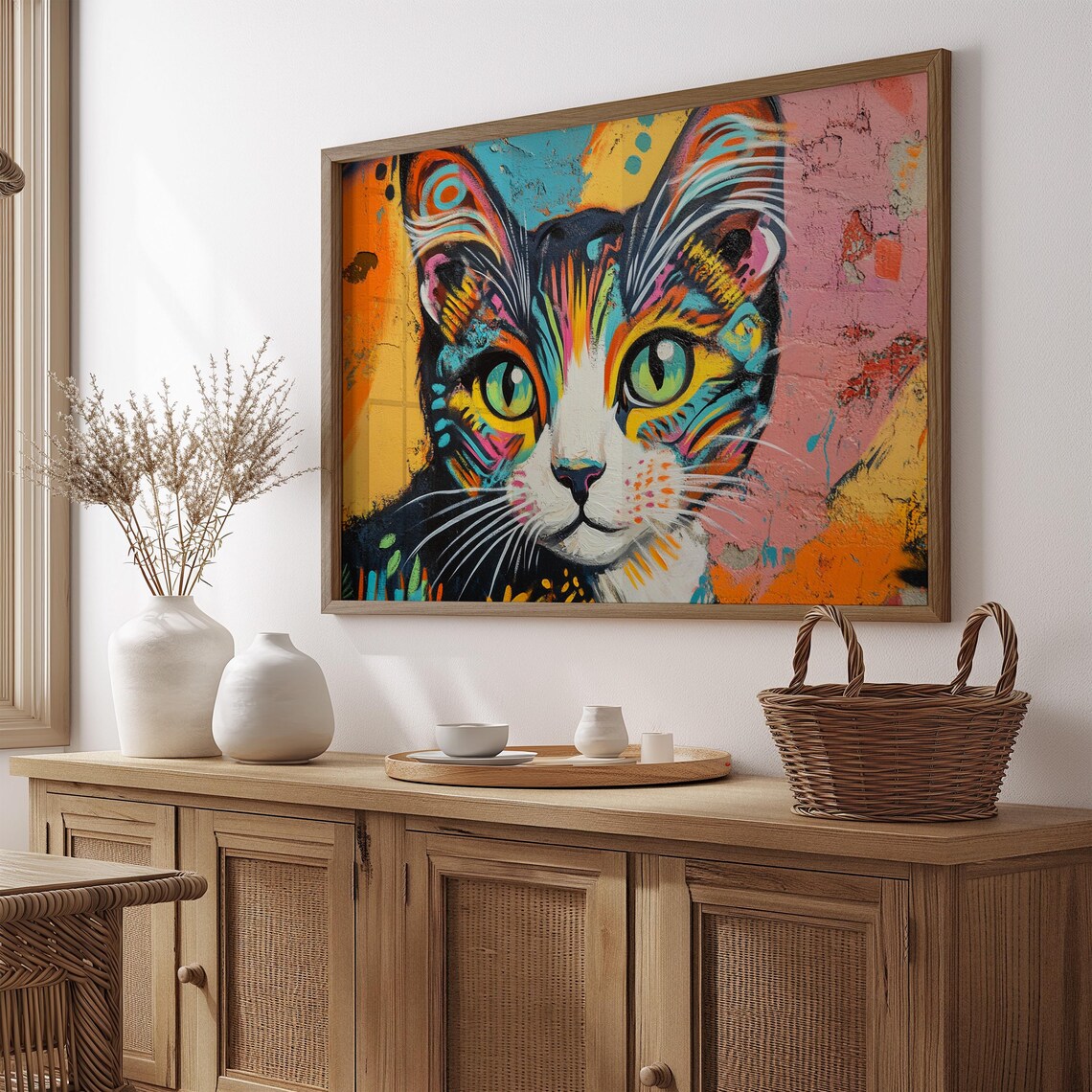 Street Art Graffiti Cat Face Green Eyes Textured Wall Painting Poster