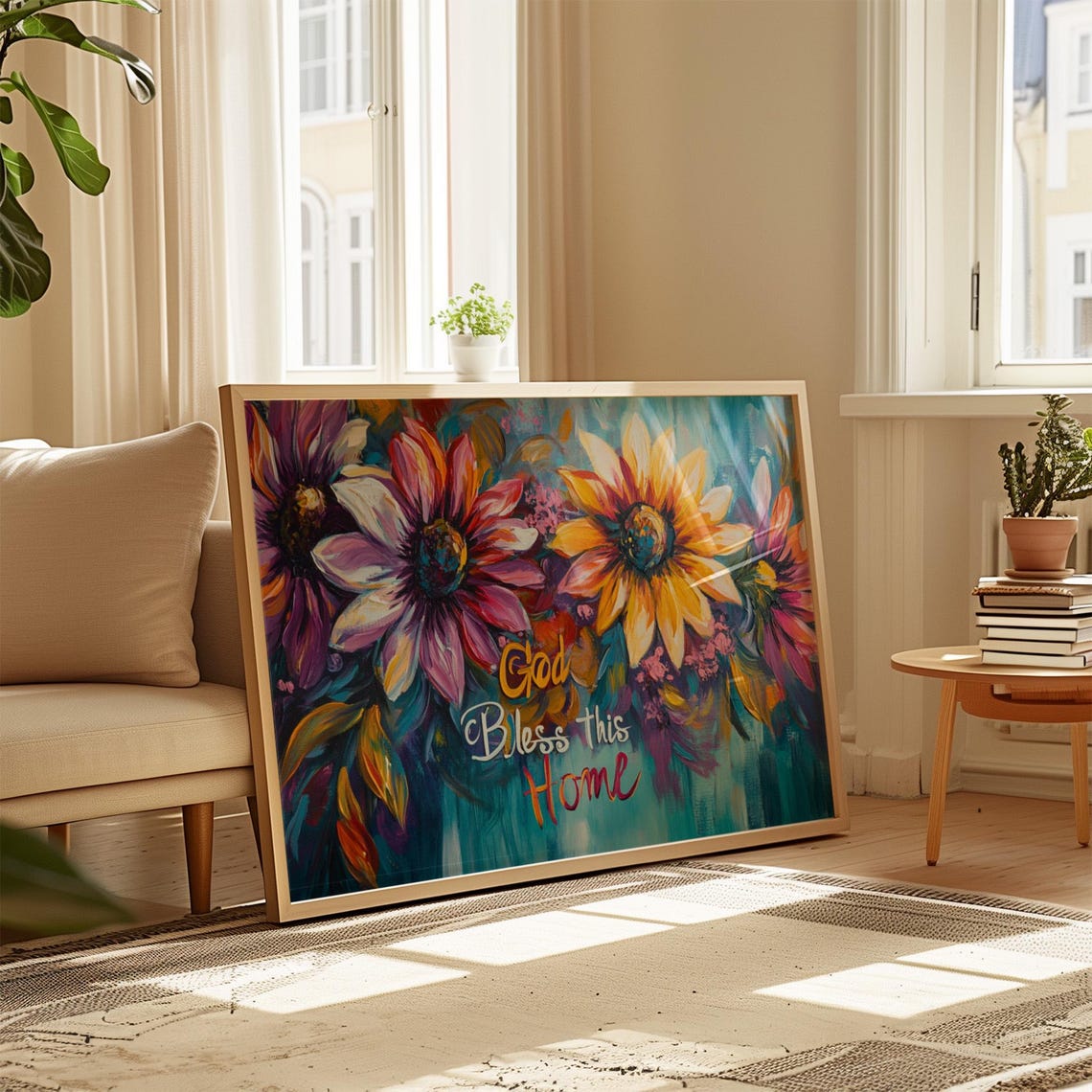 God Bless This Home Giant Daisy Gold Script Turquoise Poster - Image 4