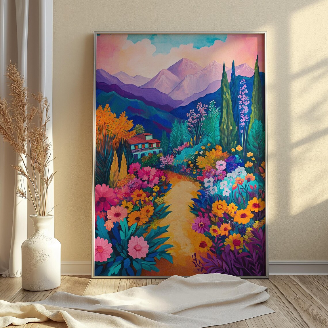 Flower Filled Valley Villa Purple Mountains Colorful Garden Landscape Poster - Image 4