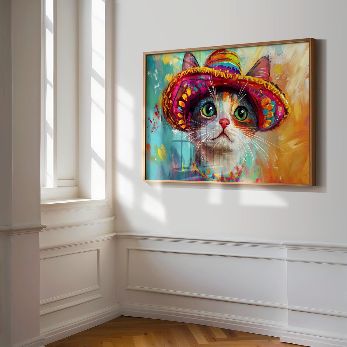 Kitten In Bright Sombrero Green Eyes Festive Mexican Art Poster - Image 3