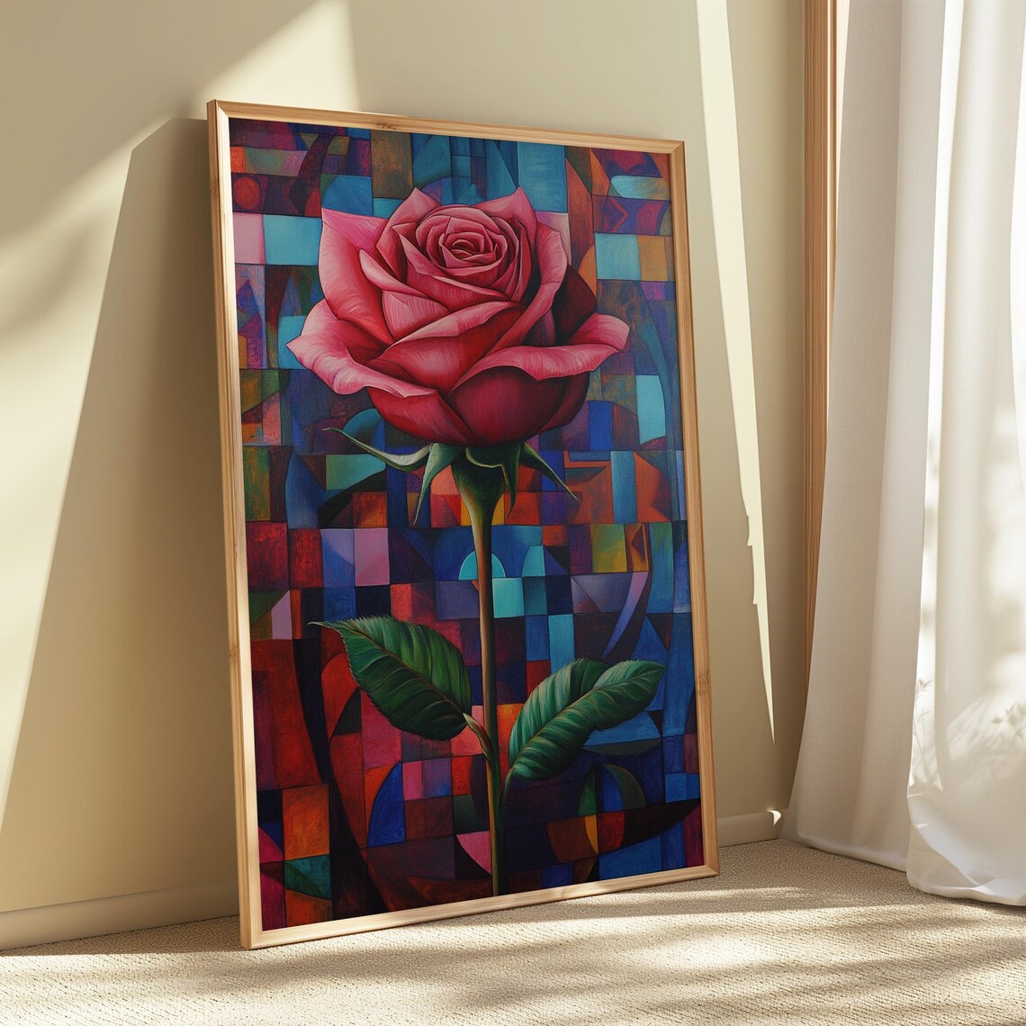 Pink Red Rose Cubist Mosaic Blue Red Modern Garden Floral Poster - Image 5