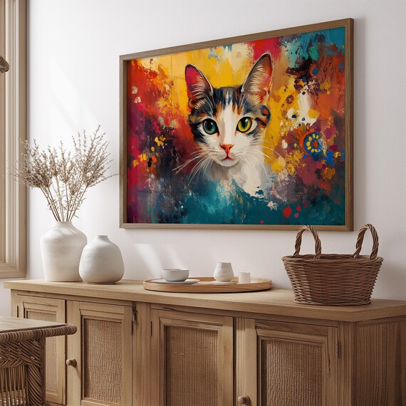 Calico Cat Face Green Eyes Abstract Sunset Colors Expressive Art Poster