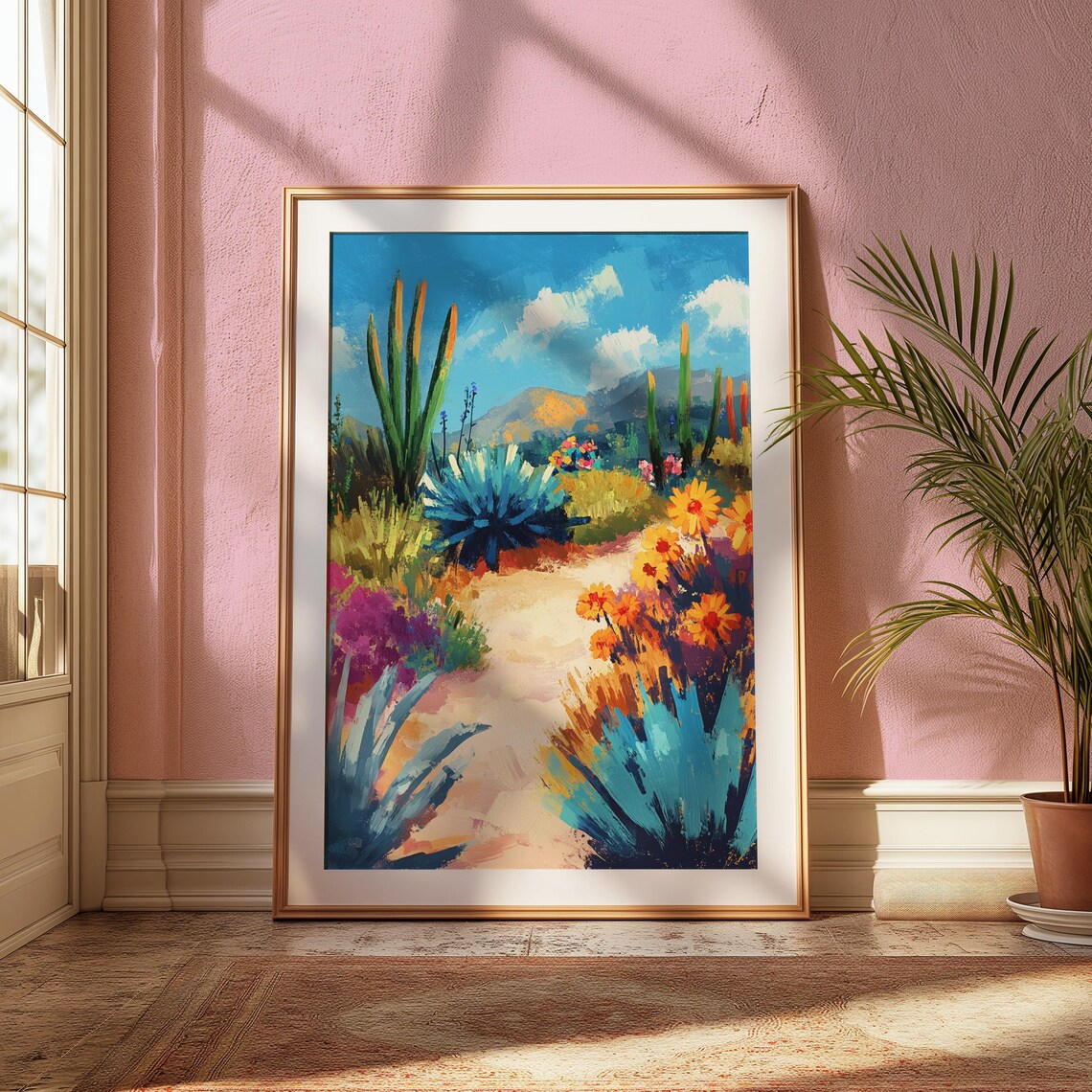 Vibrant Desert Garden Path Blue Agave Cacti Colorful Wildflowers Landscape Poster - Image 2