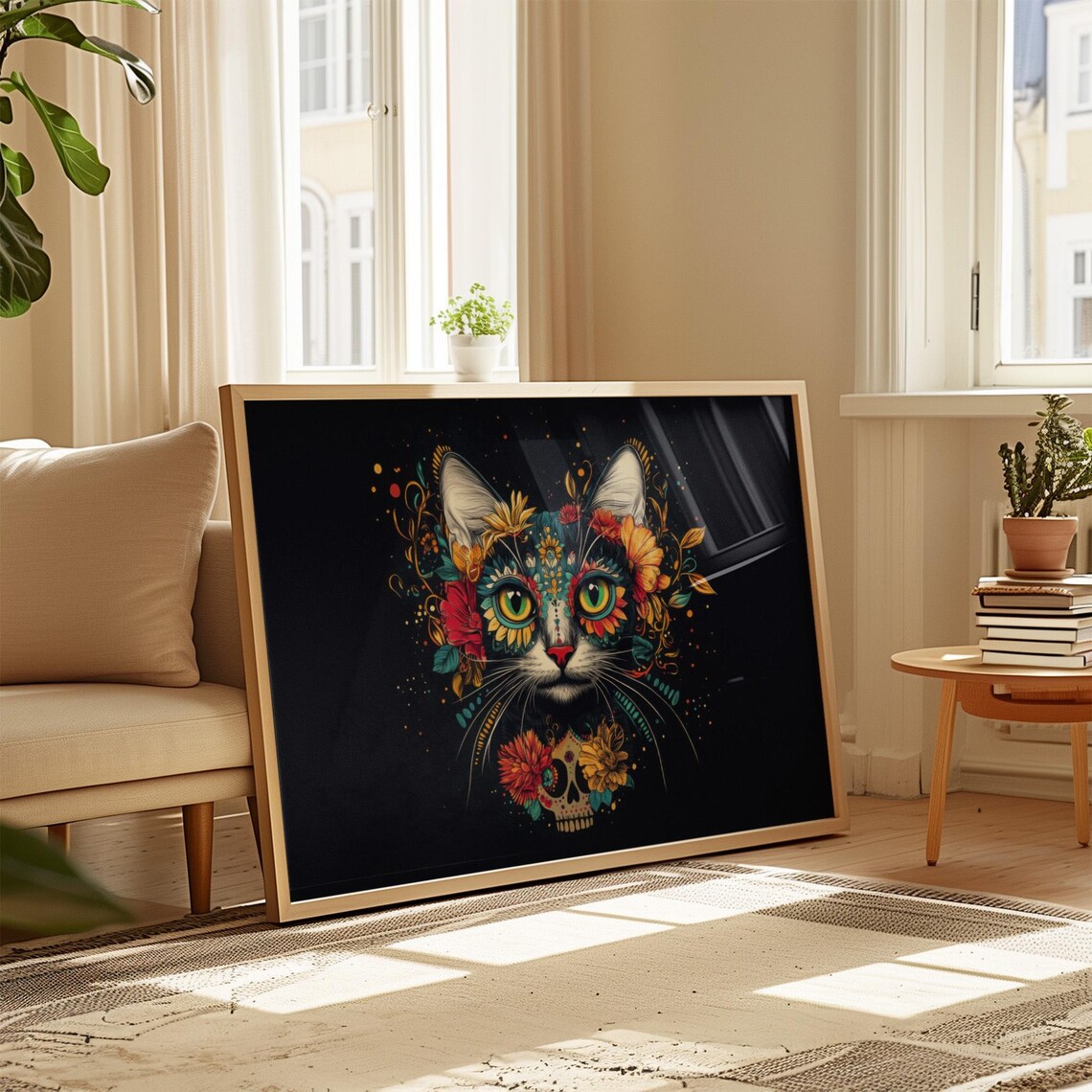 Black Cat Marigold Flower Crown Sugar Skull Pendant Dark Folk Art Poster - Image 4