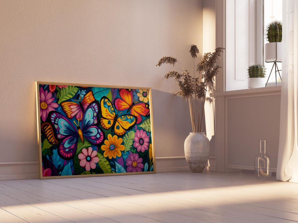Mexican Folk Art Three Butterflies Garden Blossoms Bold Wall Art Print - Image 2