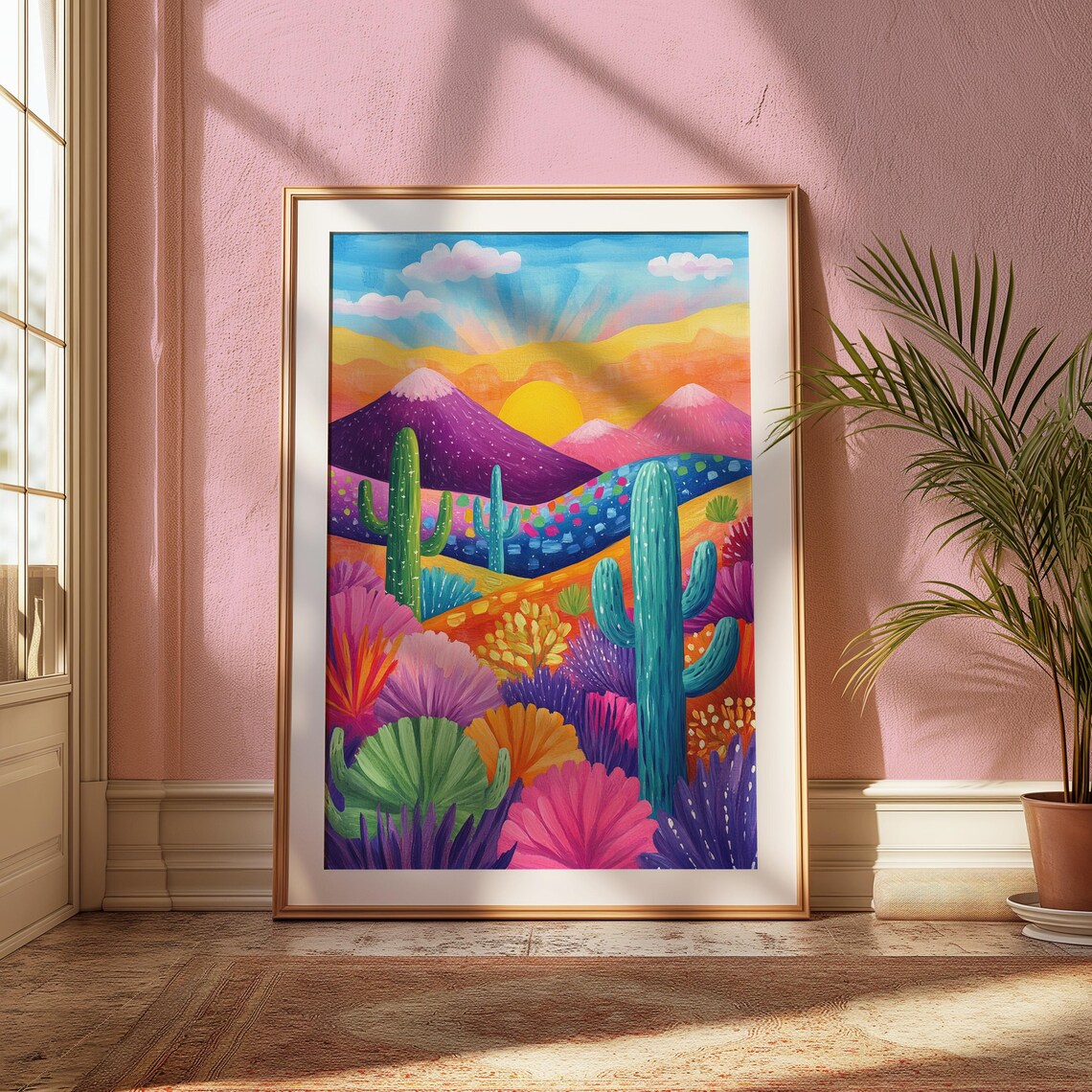 Naive Desert Cacti Pink Mountain Peaks Golden Sun Playful Folk Art Poster - Image 2