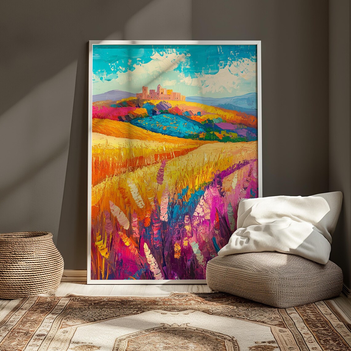 Golden Wheat Fields Pink Blooms Distant Mission Hill Turquoise Sky Landscape Poster - Image 3