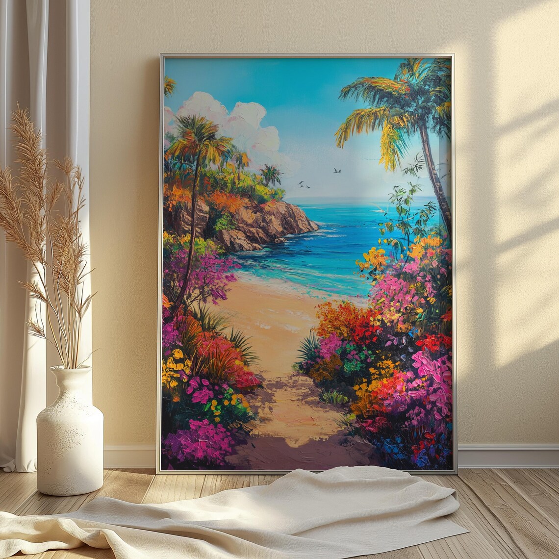 Tropical Beach Cove Palm Trees Turquoise Water Colorful Paradise Poster - Image 3
