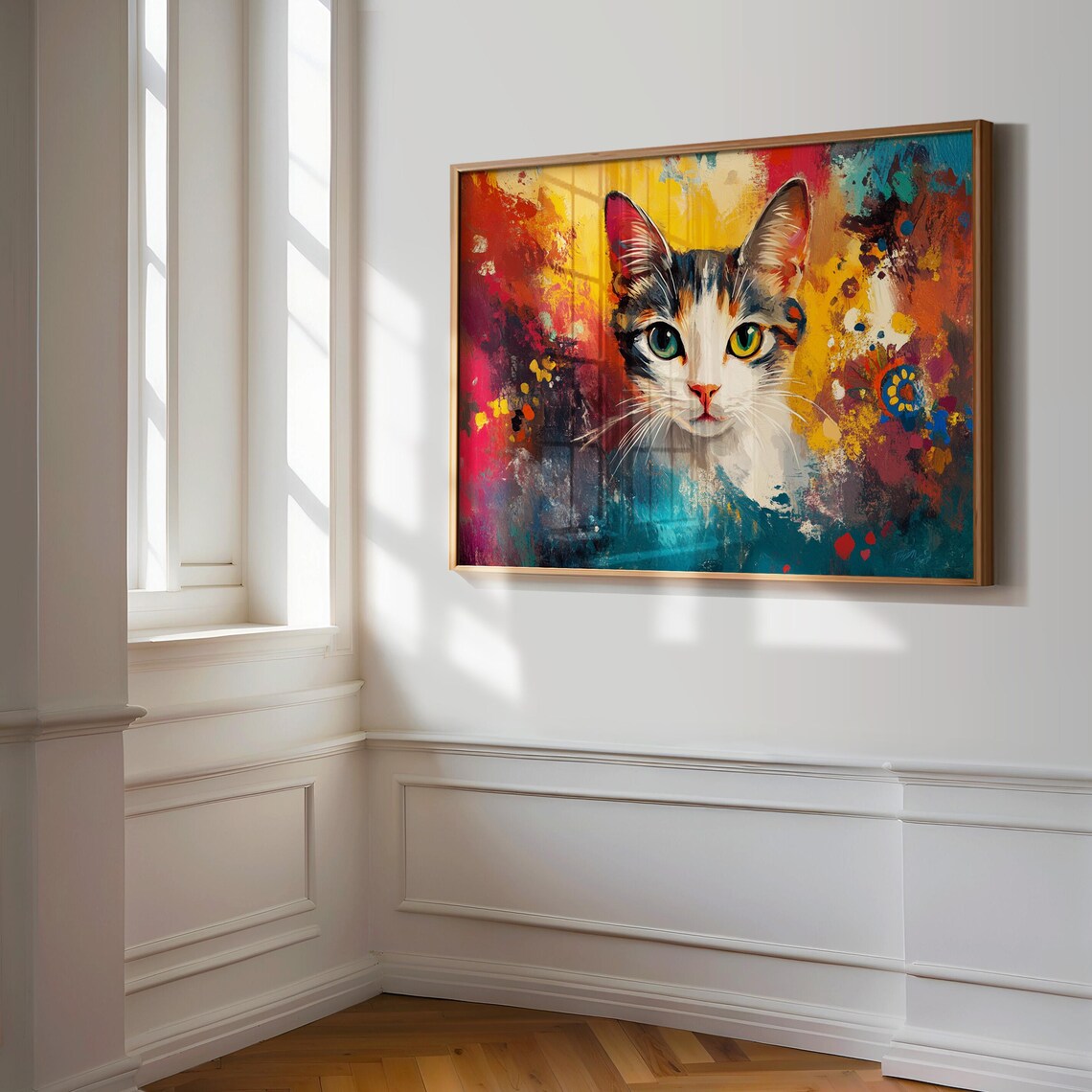 Calico Cat Face Green Eyes Abstract Sunset Colors Expressive Art Poster - Image 3