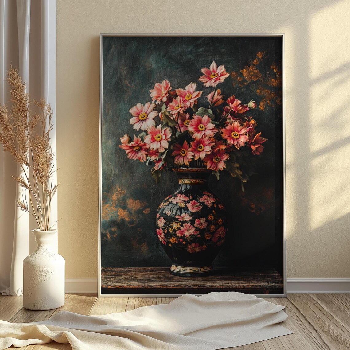 Delicate Pink Cosmos Bouquet Black Floral Vase Moody Elegant Wall Art - Image 3
