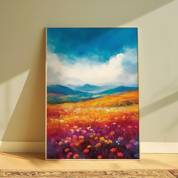 Golden Prairie Wildflower Field Blue Mountain Impressionist Print