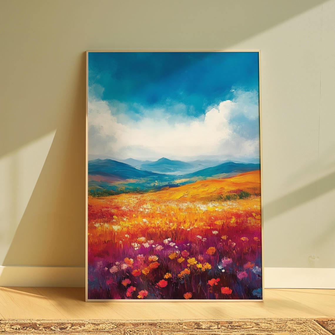 Golden Prairie Wildflower Field Blue Mountain Impressionist Print