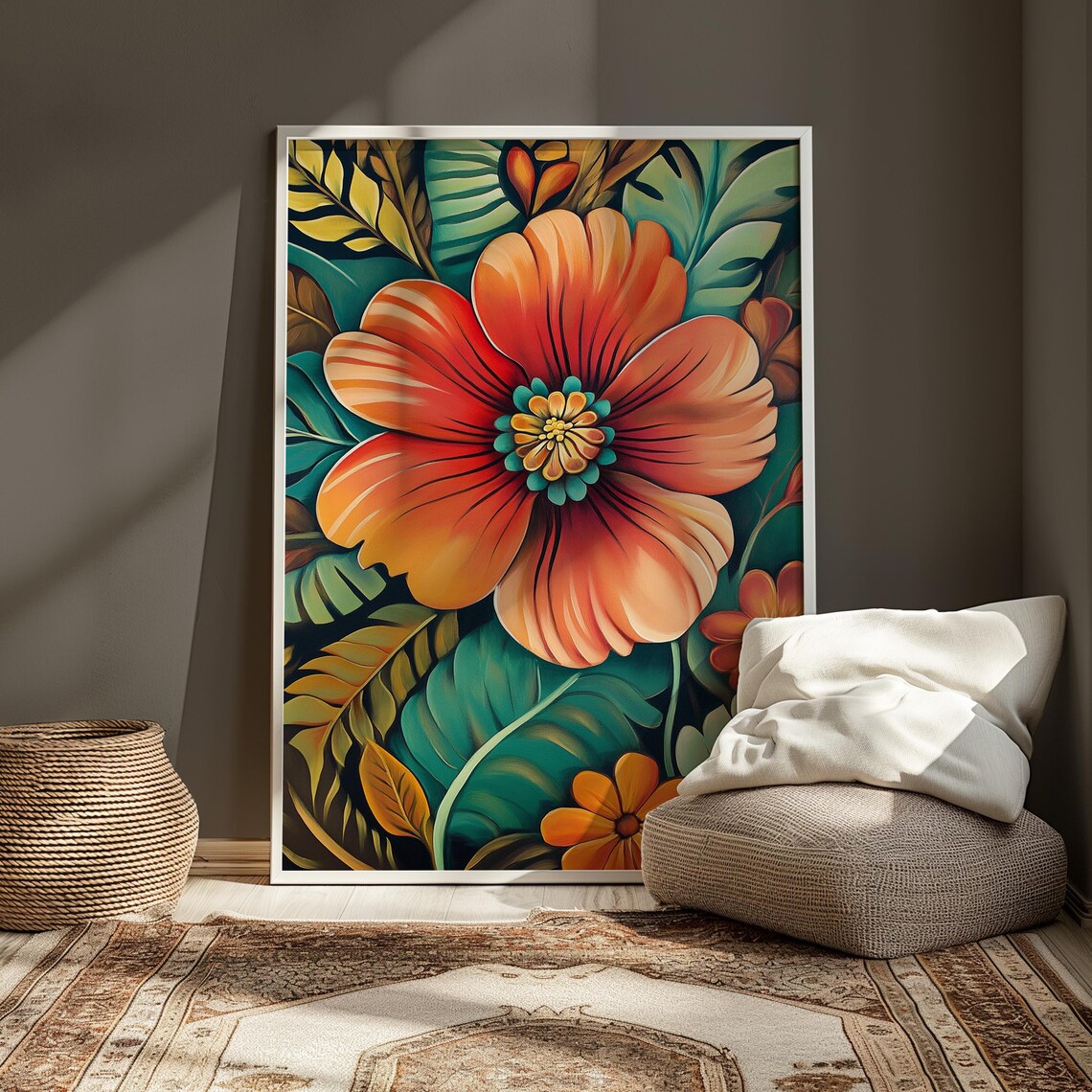 Coral Orange Hibiscus Bloom Teal Tropical Leaves Floral Poster - Image 3