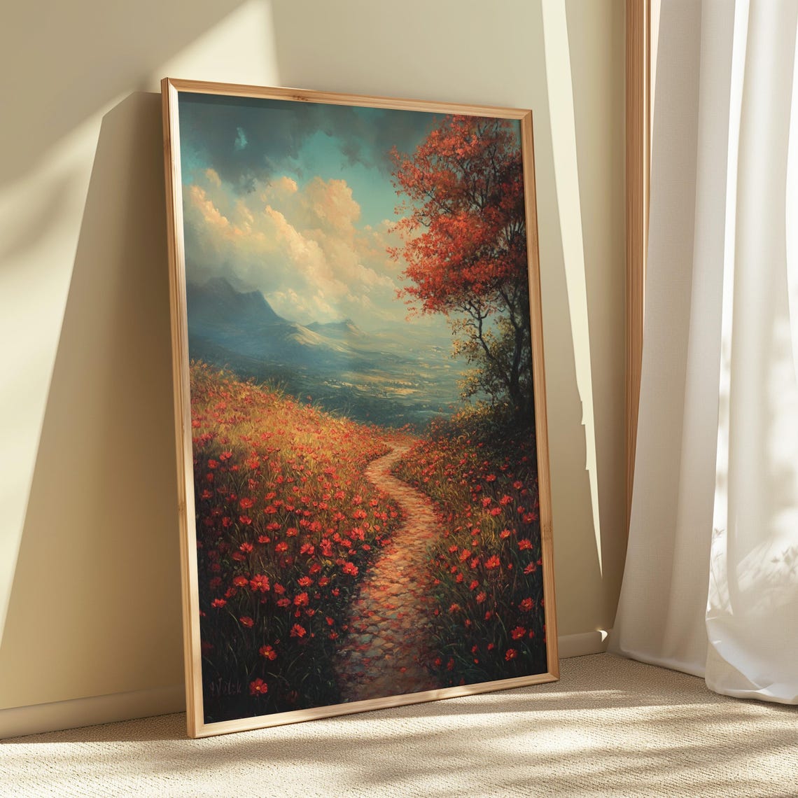 Red Wildflower Meadow Stone Path Mountain Valley Dramatic Sky Poster - Image 4