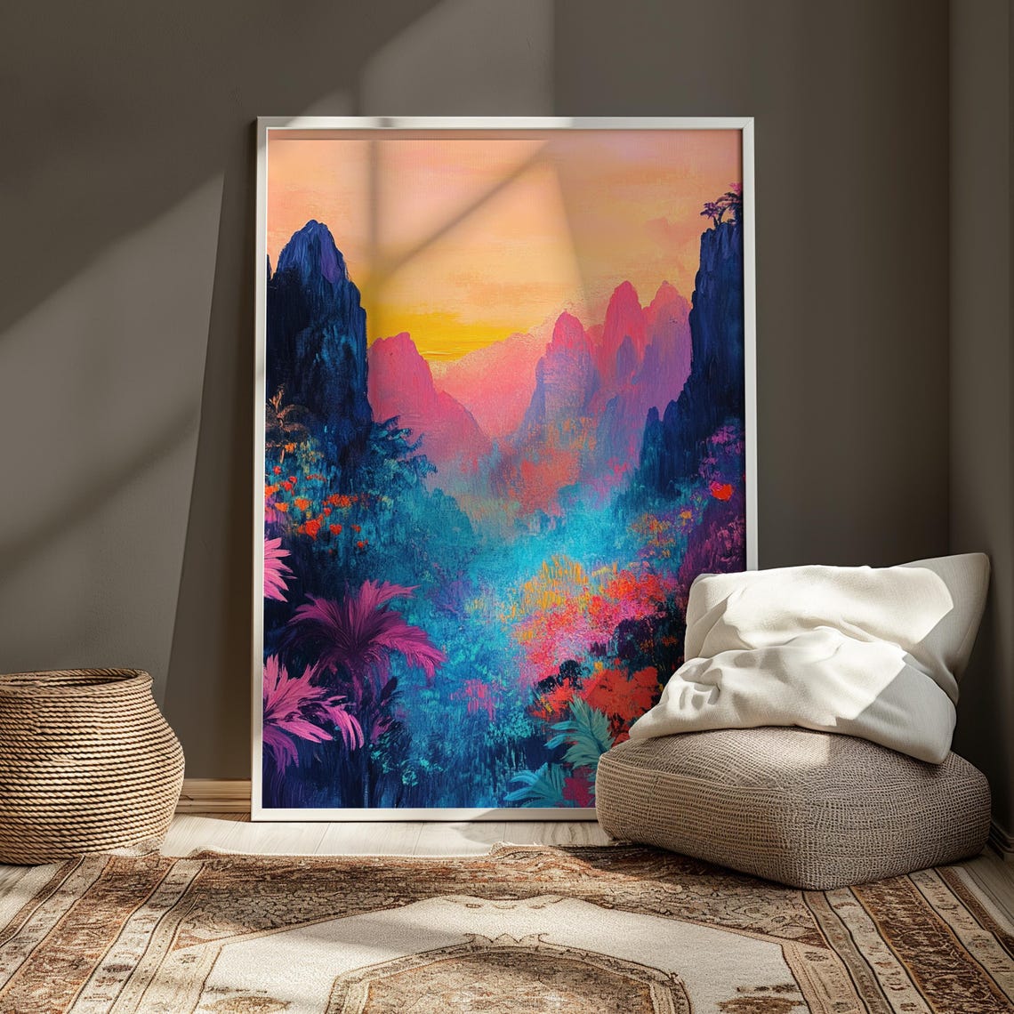 Misty Tropical Mountain Valley Pink Sunrise Jungle Landscape Print - Image 3