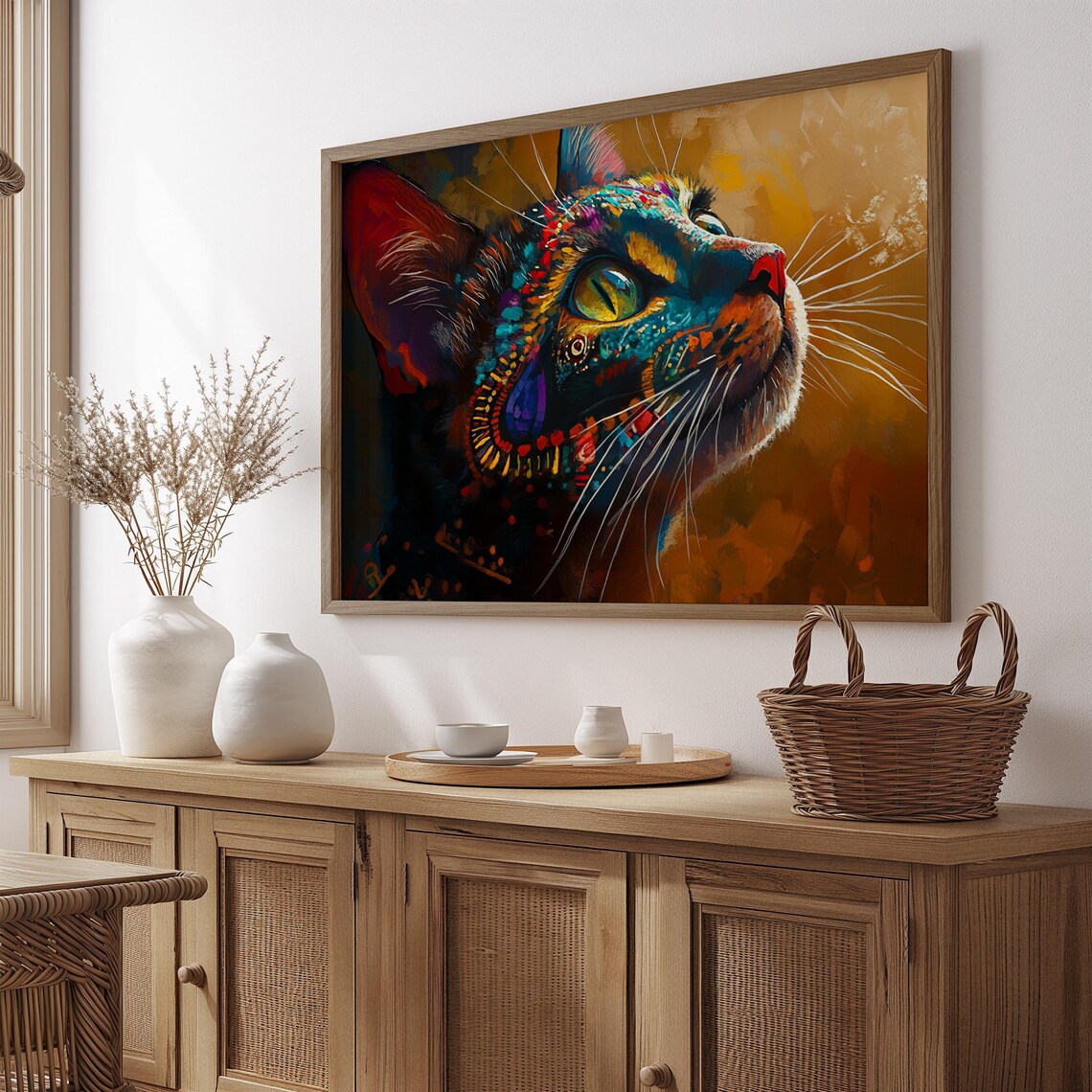 Oil Paint Cat Profile Looking Up Teal Orange Impasto Warm Golden Wall Art