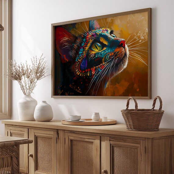 Oil Paint Cat Profile Looking Up Teal Orange Impasto Warm Golden Wall Art