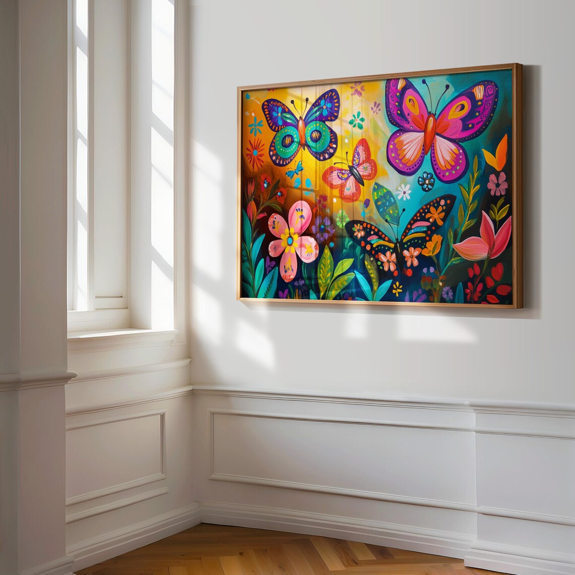 Five Bright Butterflies Among Tropical Flowers Dark Garden Poster - Image 3