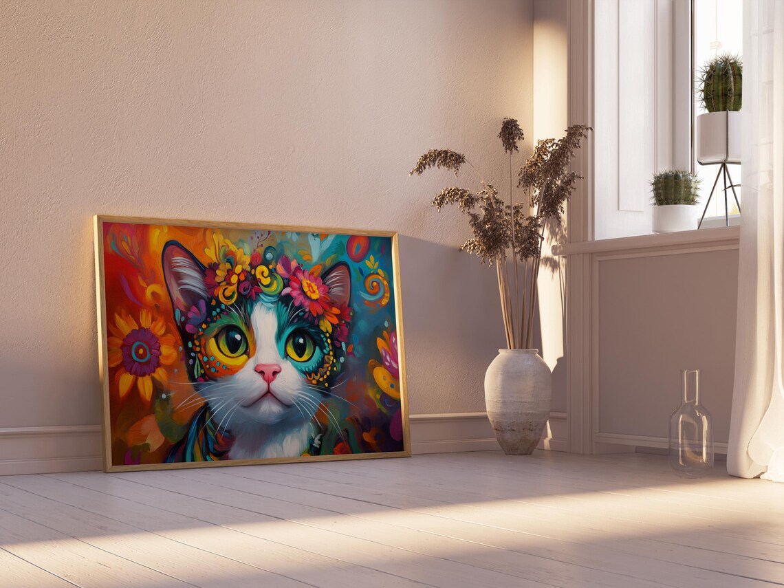 Kitten With Flower Crown Big Green Eyes Vibrant Fiesta Folk Art Poster - Image 2