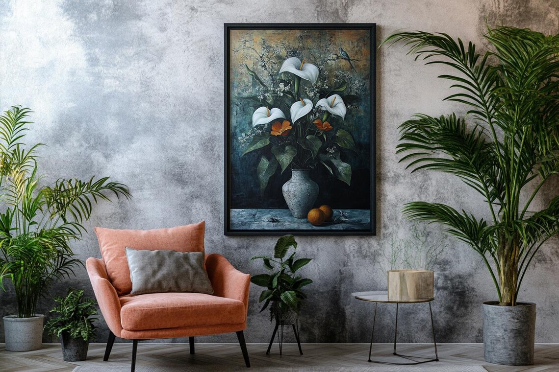 White Calla Lilies in Gray Vase Still Life Floral Painting Poster - Image 2
