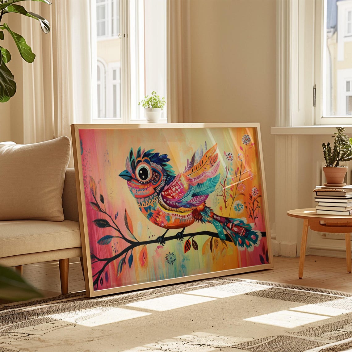 Patterned Folk Art Bird Branch Pink Orange Sunrise Garden Poster - Image 4