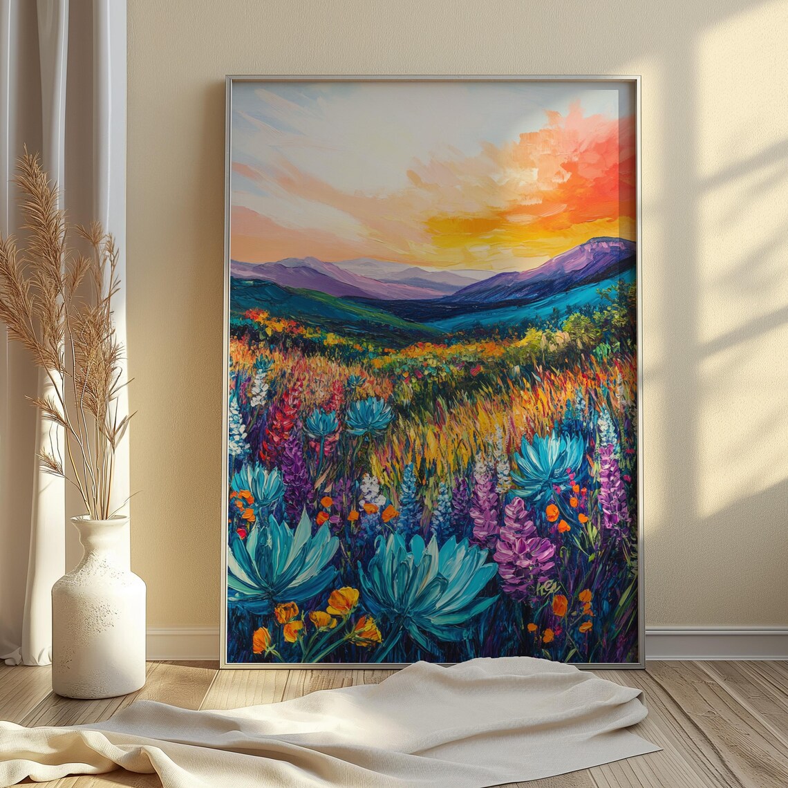 Desert Agave Wildflower Field Vibrant Sunset Mountain Art Print - Image 4