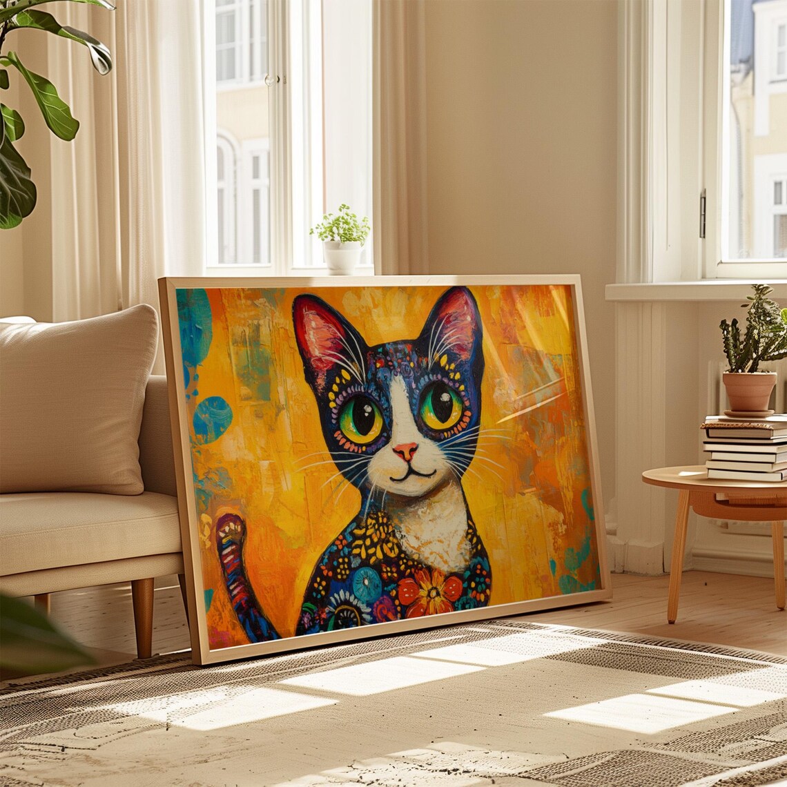 Tuxedo Cat Sitting Floral Patterned Coat Golden Yellow Background Poster - Image 4