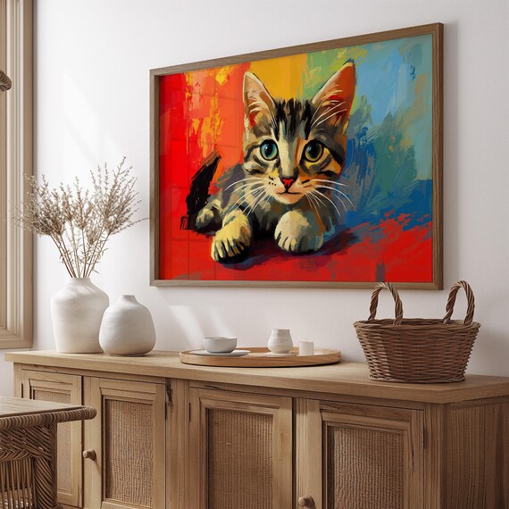 Sweet Tabby Kitten Lying Down Painted Red Blue Abstract Poster