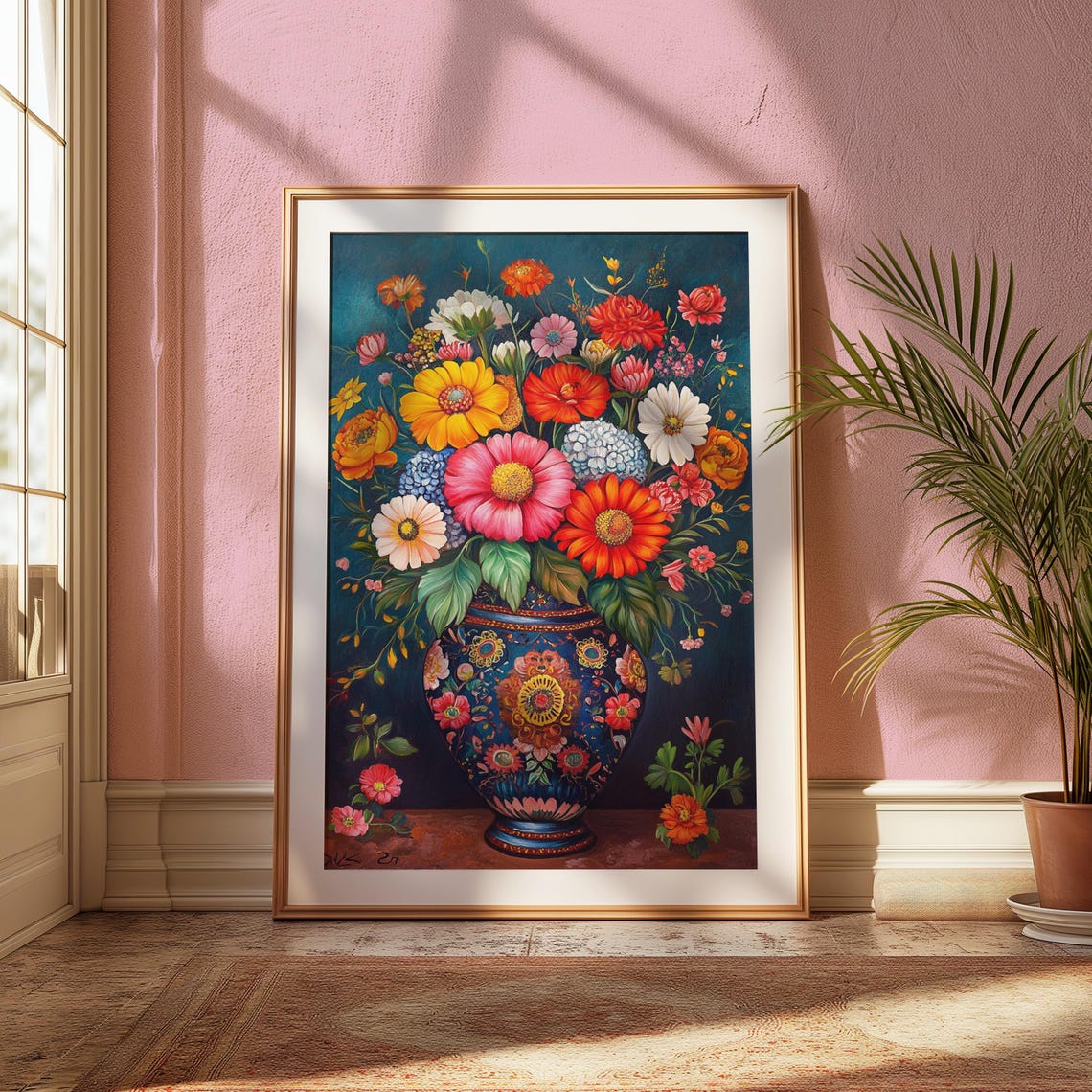 Multicolor Zinnia Garden Bouquet Ornate Blue Mexican Vase Teal Poster - Image 2