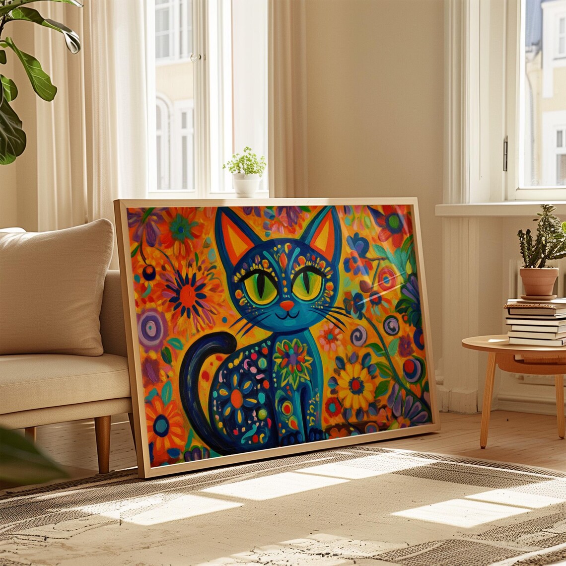 Happy Blue Folk Art Cat Sitting Among Garden Flowers Smiling Poster - Image 4