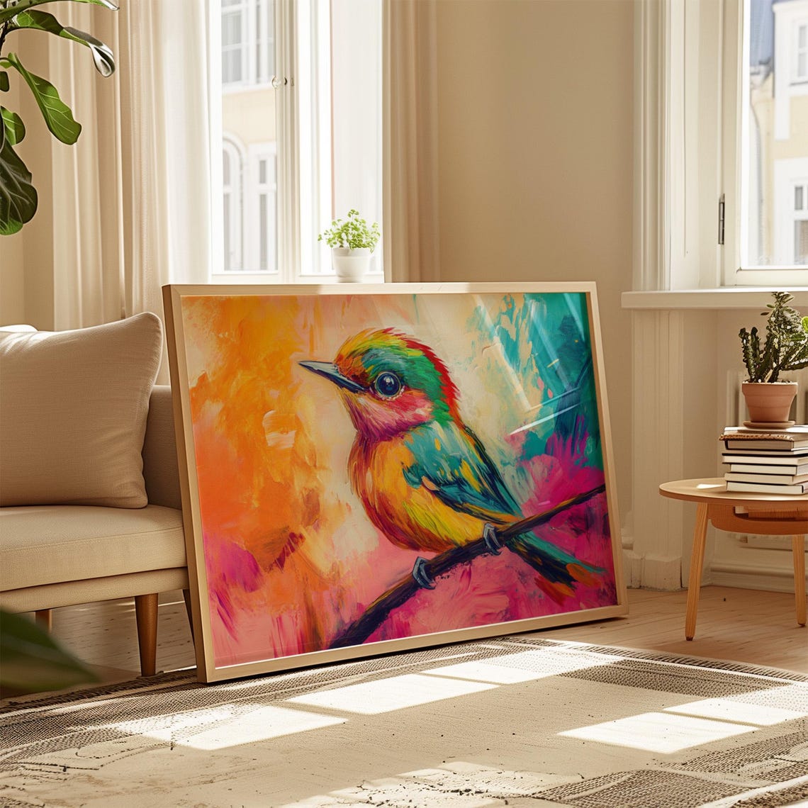 Tiny Rainbow Songbird Pink Orange Abstract Background Poster - Image 4
