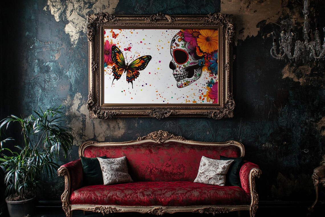Sugar Skull and Butterfly Day of the Dead Floral Watercolor Art Poster